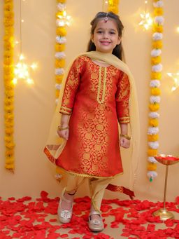 BownBee - Wedding Red Jacquard Kurta and Dhoti with Dupatta (Set of 3)