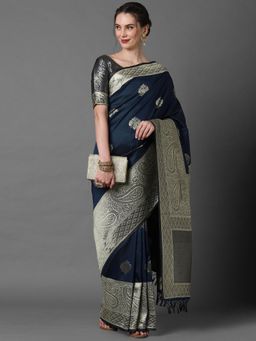 Akhilam - Navy Blue Festive Silk Blend Woven Design Saree with Unstitched