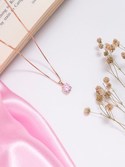 Zavya Pink Solitaire Rose Gold Plated 925 Silver Necklace