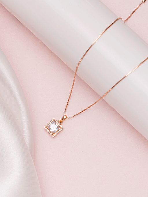 Zavya Square Solitaire Rose Gold Plated 925 Sterling Silver Pendant