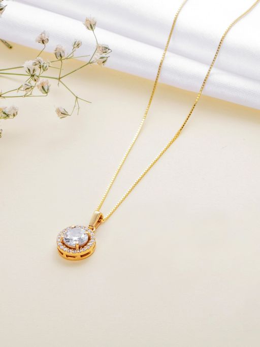 Zavya Classic Solitaire Golden Plated 925 Sterling Silver Pendant with Box Chain