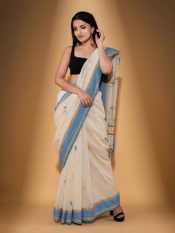 Beatitude - Off White Handspun Cotton Woven Saree with Unstitched Blouse