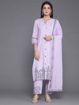 Libas - Lavender Floral Hem Kurta with Lining and Hem Trouser with Dupatta