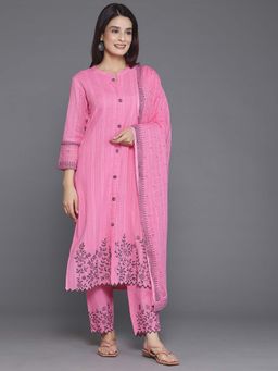 Libas - Pink Floral Hem Kurta with Lining and Hem Trouser with Dupatta