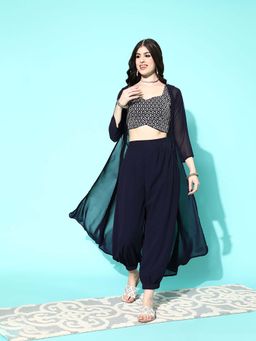Libas - Crop Top and Navy Blue Solid Salwar Pant with Shrug