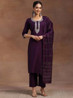 Libas - Silk Blend Yoke Design Straight Kurta with Trouser and Dupatta