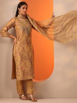 Libas - Mustard Floral Yoke Design Kurta and Trouser with Dupatta
