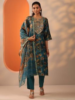 Libas - Teal Floral Yoke Design Kurta and Trouser with Dupatta