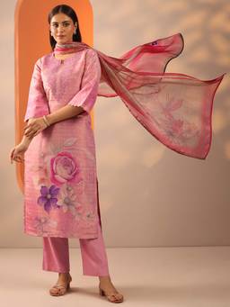 Libas - Pink Floral Yoke Design Kurta and Trouser with Dupatta