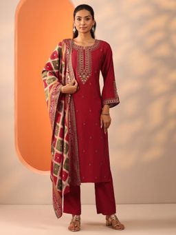 Libas - Red Floral Kurta with Trouser and Dupatta