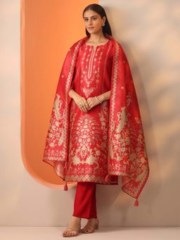 Libas - Red Ethnic Motif Straight Kurta and Trouser with Dupatta