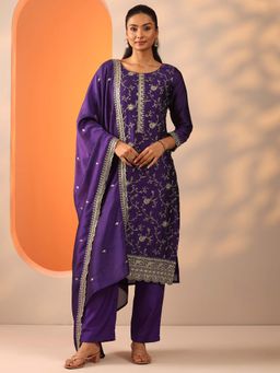 Libas - Purple Floral Zari Straight Kurta and Trouser with Dupatta