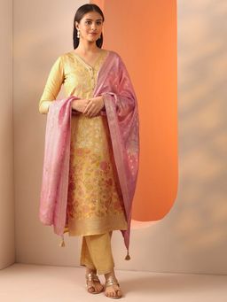 Libas - Yellow Floral Straight Kurta and Trouser with Dupatta