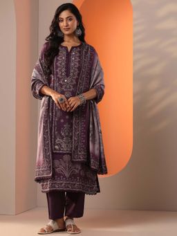 Libas - Wine Floral Straight Kurta and Trouser with Floral Dupatta