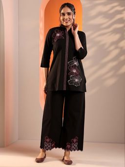 Libas - Black Floral Embroidered Tunic with Floral Hem Embroidered Palazzo