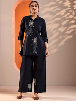 Libas - Navy Floral Embroidered Tunic with Floral Hem Embroidered Trouser