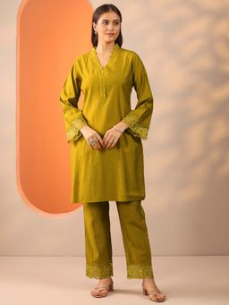 Libas - Lime Green Solid Beads Embellished Tunic with Embroidered Hem Trouser