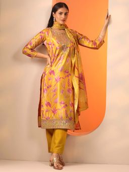 Libas - Mustard Floral Straight Kurta and Trouser with Floral Dupatta
