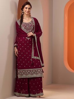 Libas Art - Maroon Floral Embroidered Straight Kurta with Lining and Palazzo with Dupatta
