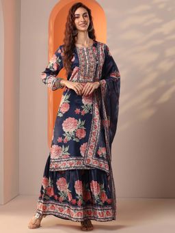 Libas Art - Navy Floral Straight Kurta Lining and Sharara with Dupatta