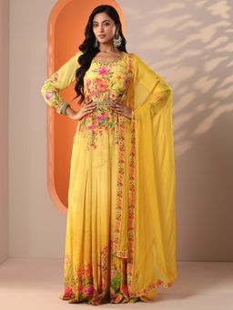 Libas Art - Yellow Floral Empire Style Kurta with Trouser and Dupatta