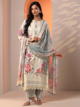 Libas - Grey Floral Straight Schiffli Kurta and Trouser with Dupatta