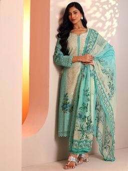 Libas - Sea Green Floral Straight Schiffli Kurta and Trouser with Dupatta