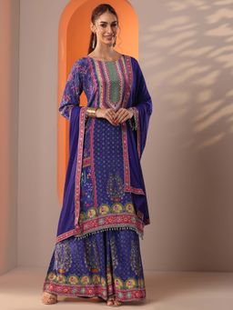 Libas Art - Blue Ethnic Motif Straight Kurta with Lining and Palazzo with Dupatta