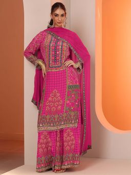 Libas Art - Pink Ethnic Motif Straight Kurta with Lining and Palazzo with Dupatta