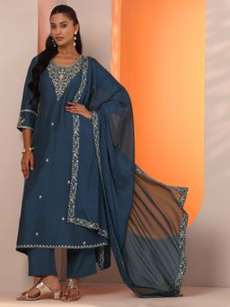 Libas - Teal Floral Zari A-Line Kurta with Trouser and Dupatta
