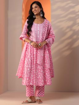 Libas - Pink Yoke Design Floral A- Line Kurta with Trouser and Dupatta