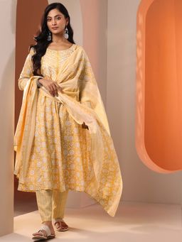 Libas - Yellow Yoke Design Floral A- Line Kurta with Trouser and Dupatta