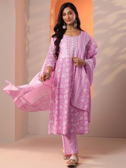 Libas - Pink Yoke Design Floral A- Line Kurta with Trouser and Dupatta