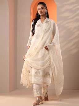 Libas - Off White Floral Straight Kurta and Trouser with Dupatta