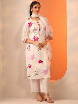 Libas - White Floral Straight Kurta and Trouser with Dupatta