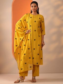 Libas - Mustard Floral Straight Kurta and Trouser with Dupatta