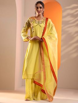 Libas - Yellow Floral Kurta and Wide Palazzos with Net Dupatta