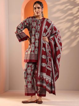 Libas - Red and Beads Kurta with Pant and Dupatta