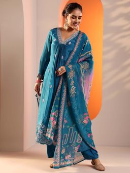 Libas Art - Blue Zari A-Line Kurta and Trouser with Dupatta