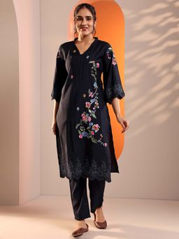 Libas - Navy Floral Embroidered Kurta with Solid Trouser
