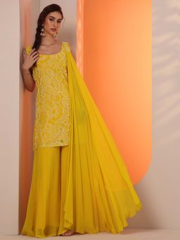 Libas Art - Yellow Beads Kurti With Lining And Wide Palazzo With Dupatta