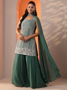 Libas Art - Green Beads Kurti With Lining And Wide Palazzo With Dupatta
