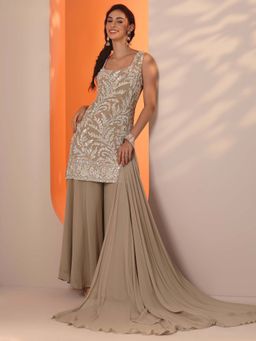 Libas - Tan Beads Kurti With Lining And Wide Palazzo With Dupatta