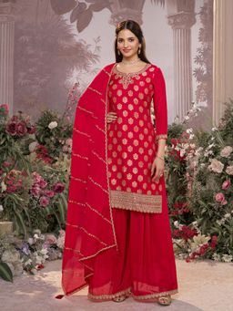Seerat - Red Jacquard Straight Kurta with Palazzo and Dupatta