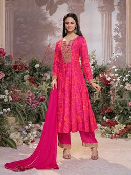 Seerat - Magenta Printed Mirror Work Anarkali Kurta with Dyed Trousers and Lace Work Dupatta