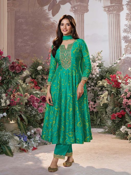 Seerat Green Printed Mirror Work Anarkali Kurta with Dyed Trousers and Lace Work Dupatta