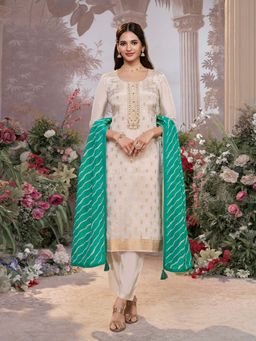 Seerat - Off-White Tissue Jacquard Kurta with Dyed Trousers and Contrast Dupatta