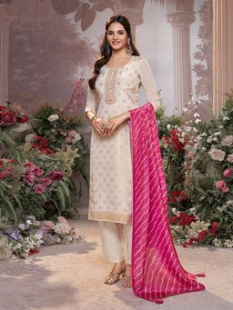 Seerat - Off-White Tissue Jacquard Kurta with Dyed Trousers and Contrast Dupatta