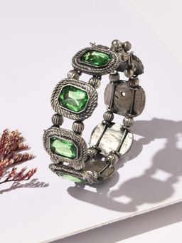 ToniQ - Womens Stylish Oxidised Silver Plated Green Stone Studded Bracelet