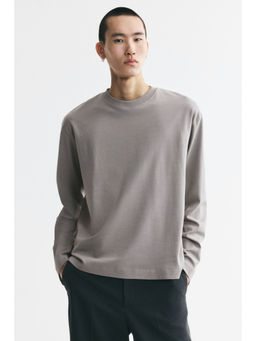 H&M - Men Beige Relaxed Fit Long-sleeved interlock T-shirt